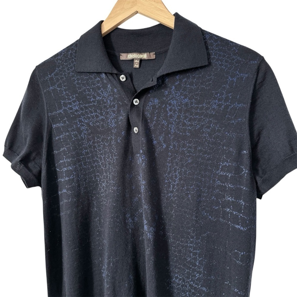 Roberto Cavalli Polo Shirt 100% Wool Knit Navy‎ Blue Snake Print Mens Medium